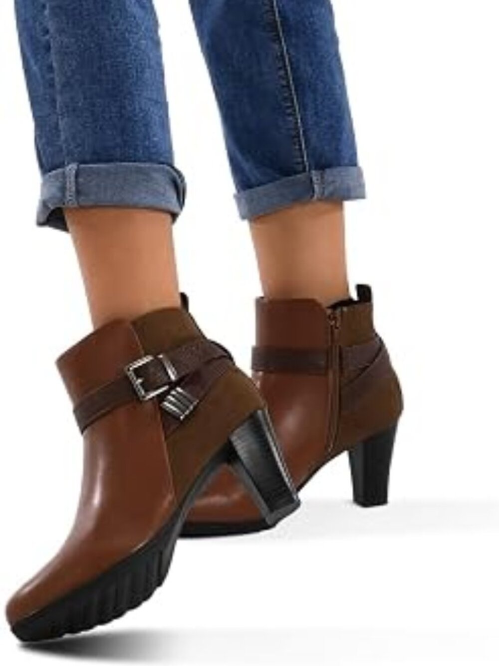 Women's Chunky Stacked Heel Ankle Boots Zipper Buckle Booties